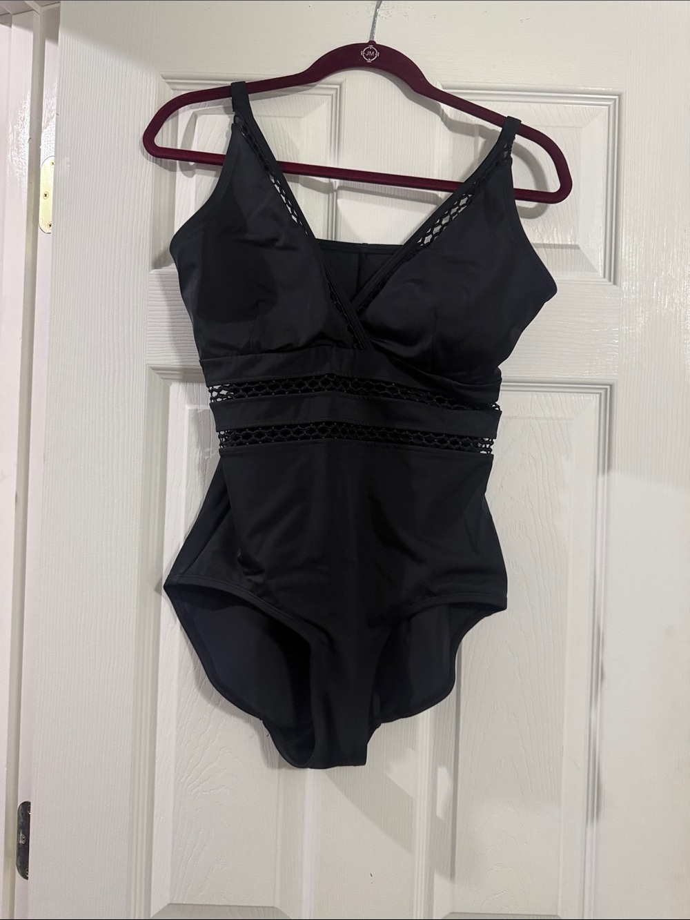 Ruby Ribbon Black One-Piece Swimsuit with Lace Insets. Like New